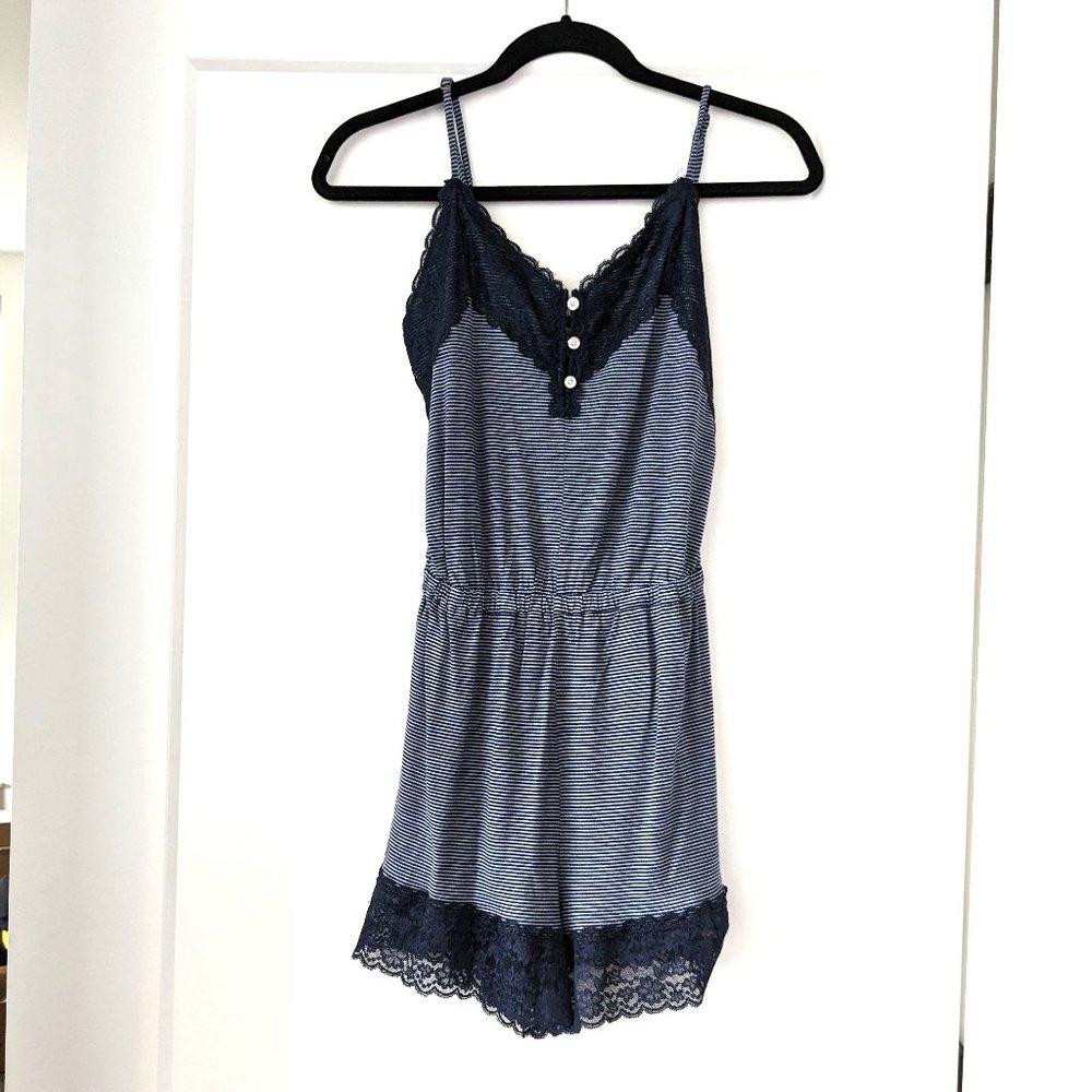 Gilly Hicks Blue/Light blue Stripes Romper Pajamas 1 Piece Lace Hem
